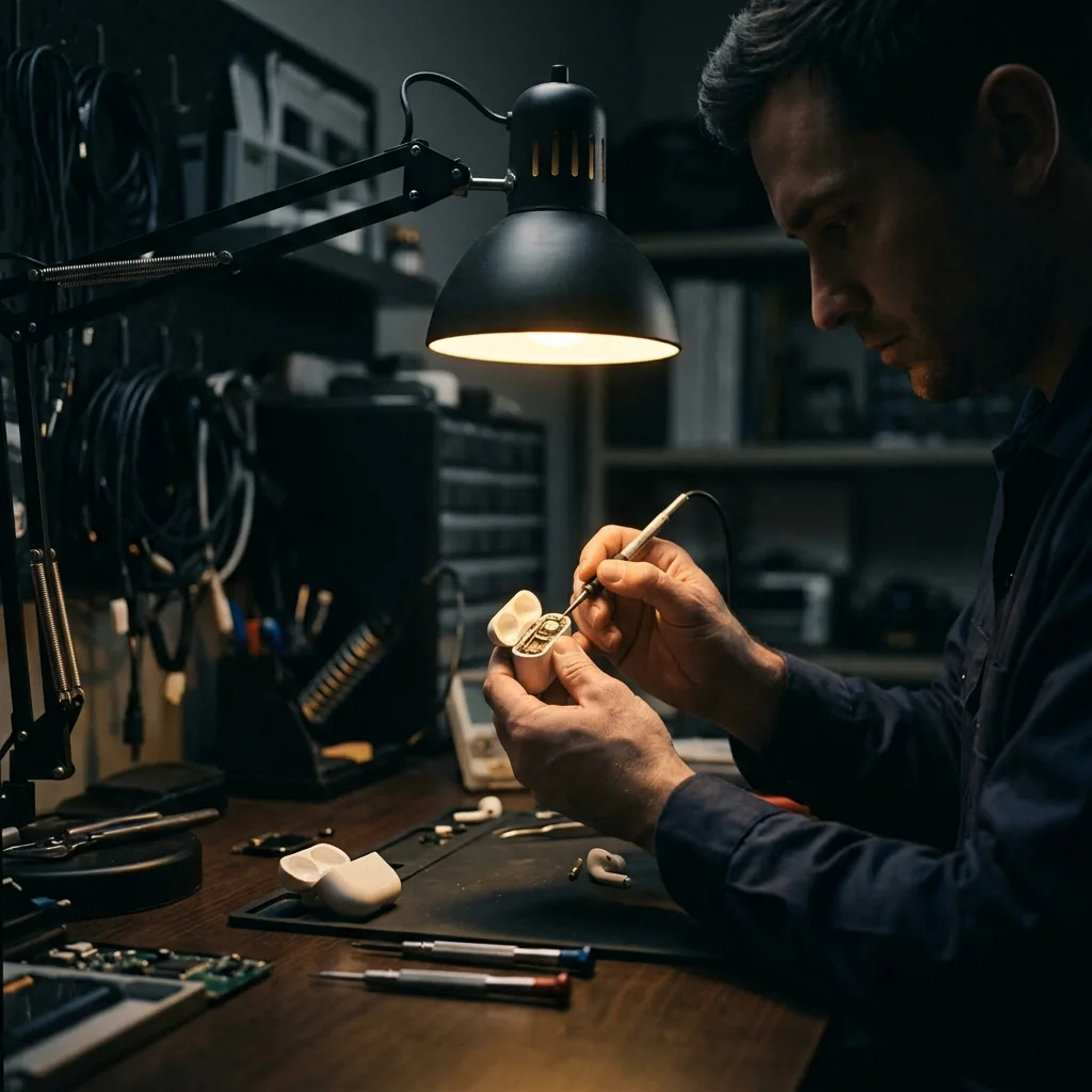 Специалист по оценке проверяет наушники AirPods в офисе