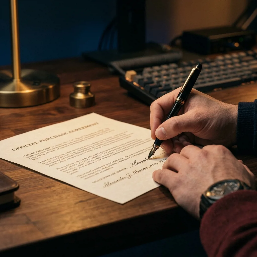 Клиент подписывает договор купли-продажи компьютера со специалистом скупки