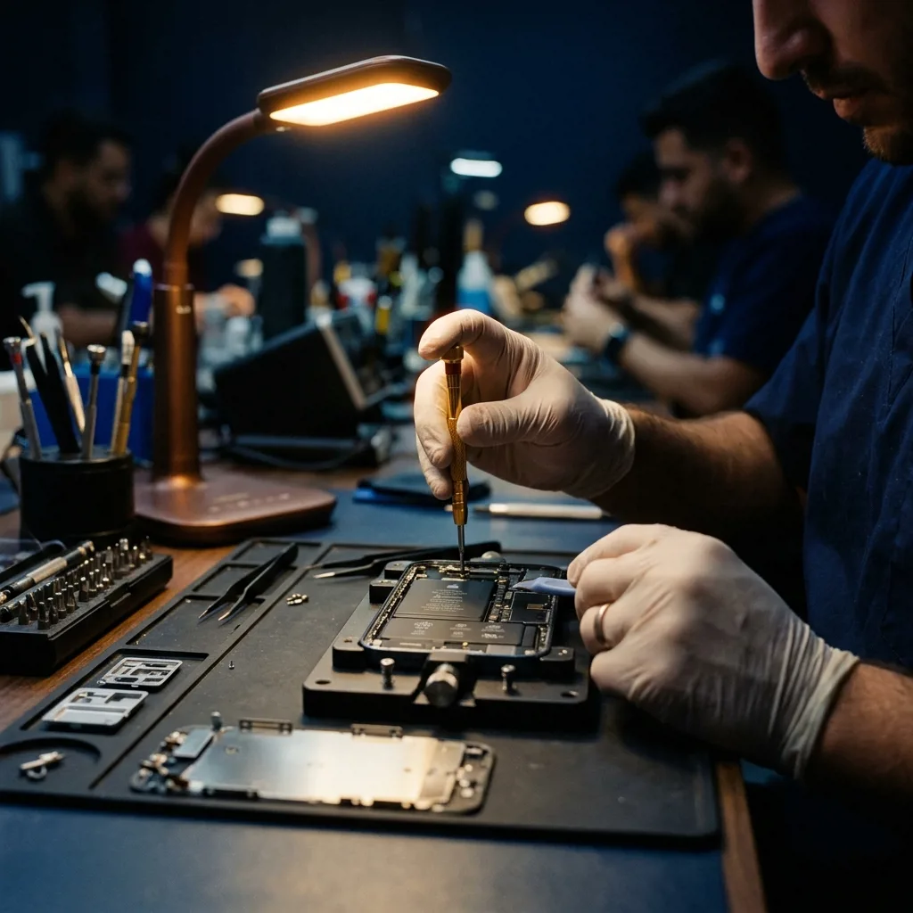 Специалист проводит диагностику iPhone перед продажей
