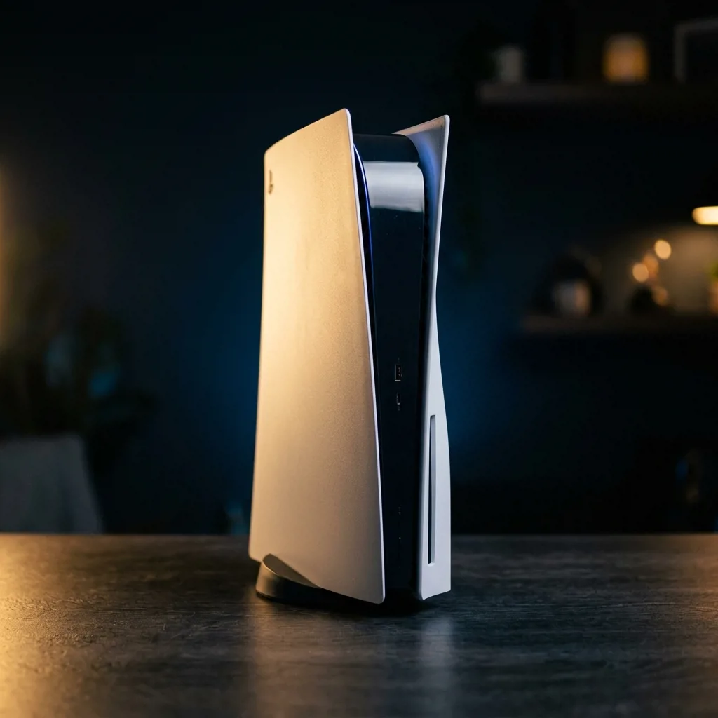 Игровая консоль PlayStation 5 белого цвета на столе