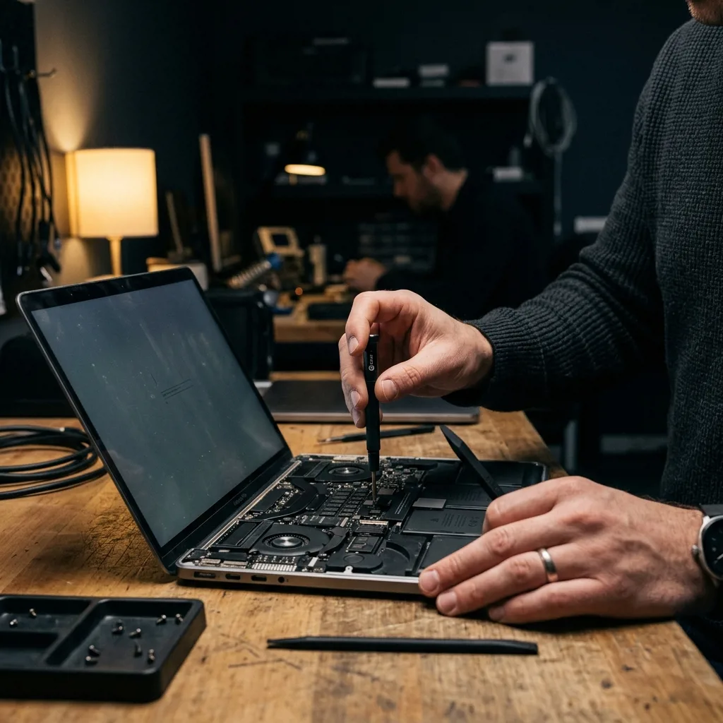 Специалист Re:Скупка проводит диагностику MacBook перед продажей