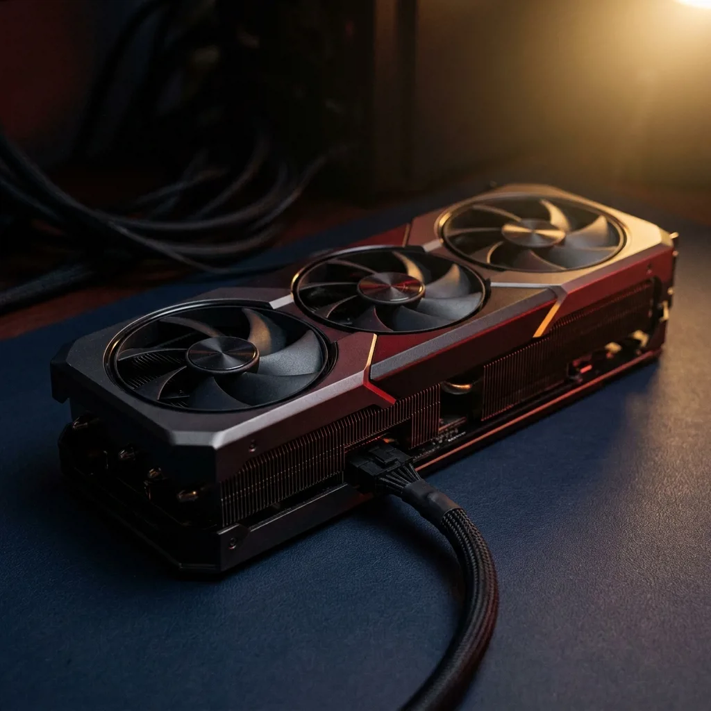Игровая видеокарта GeForce RTX с подсветкой на столе оценщика