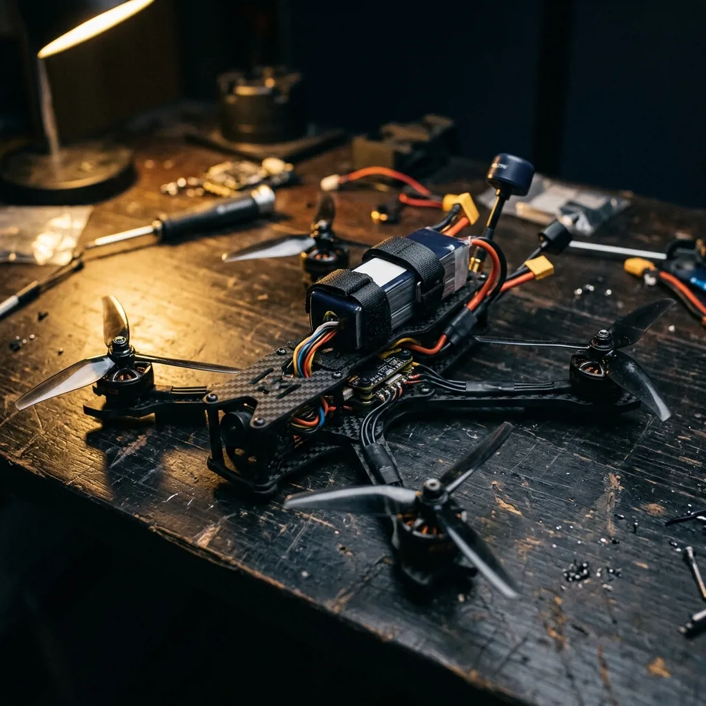 FPV-дрон с пропеллерами, подготовленный к продаже