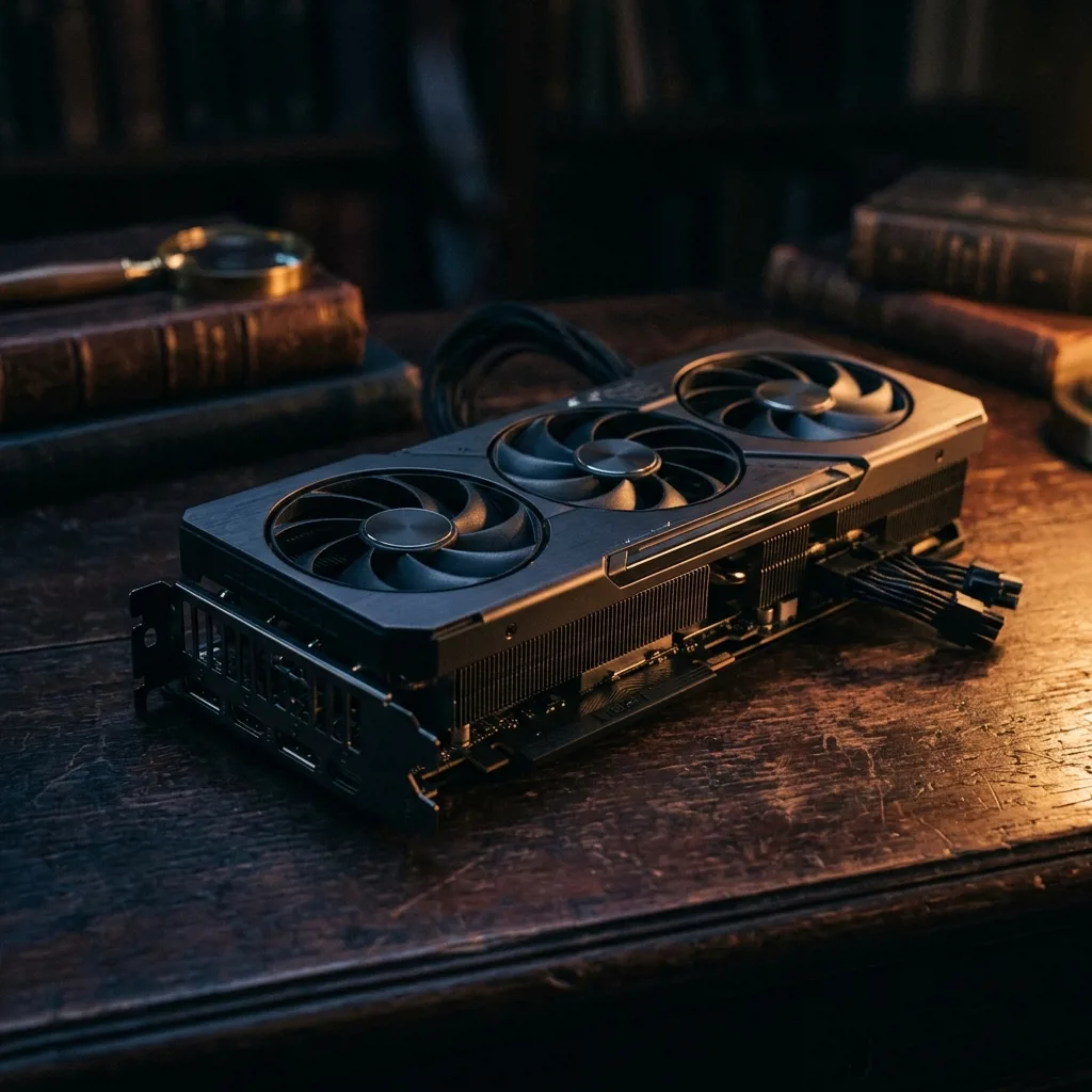 Игровая видеокарта GeForce RTX с тремя вентиляторами на столе оценщика