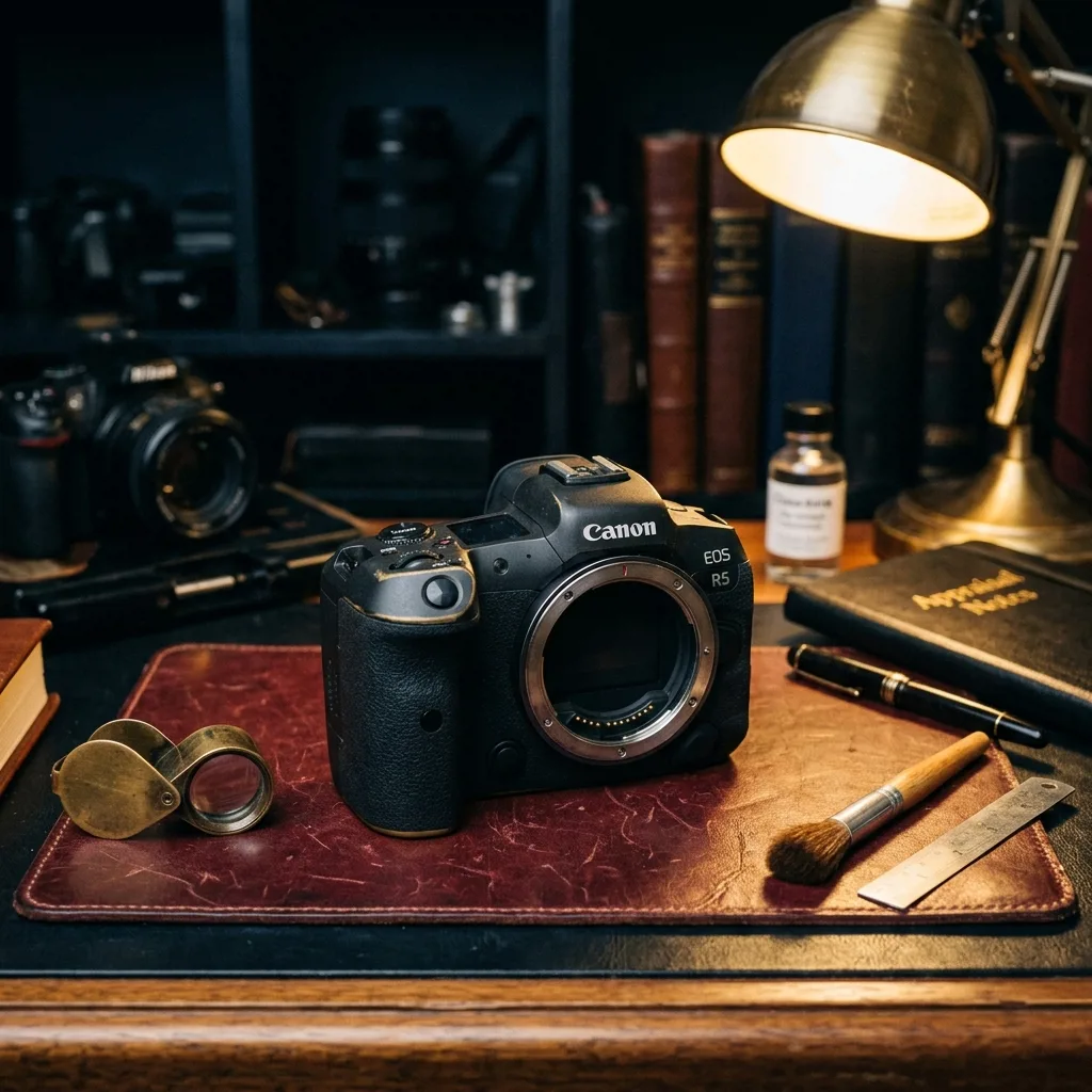 Зеркальный фотоаппарат Canon на столе оценщика