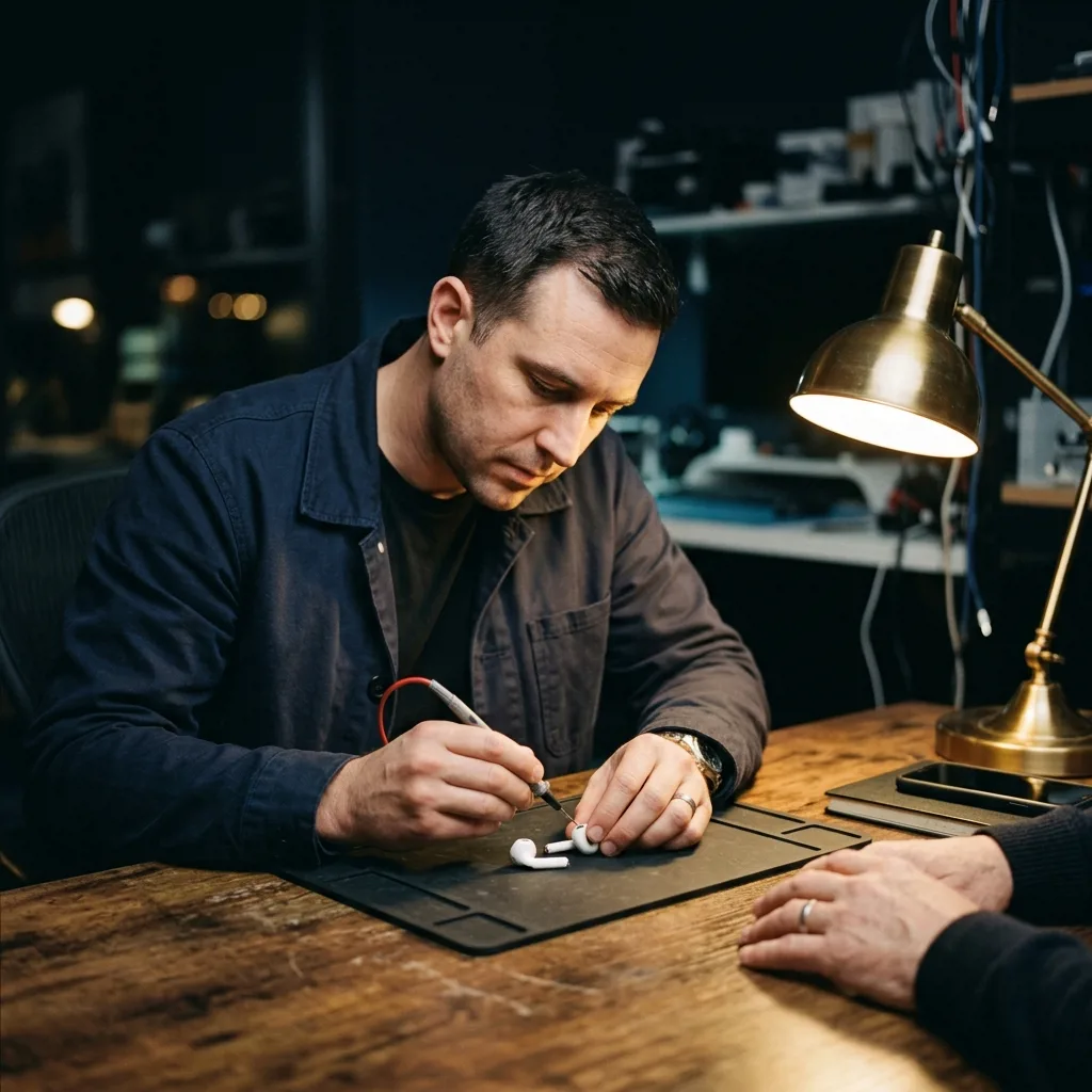 Специалист проверяет наушники AirPods при клиенте перед выкупом