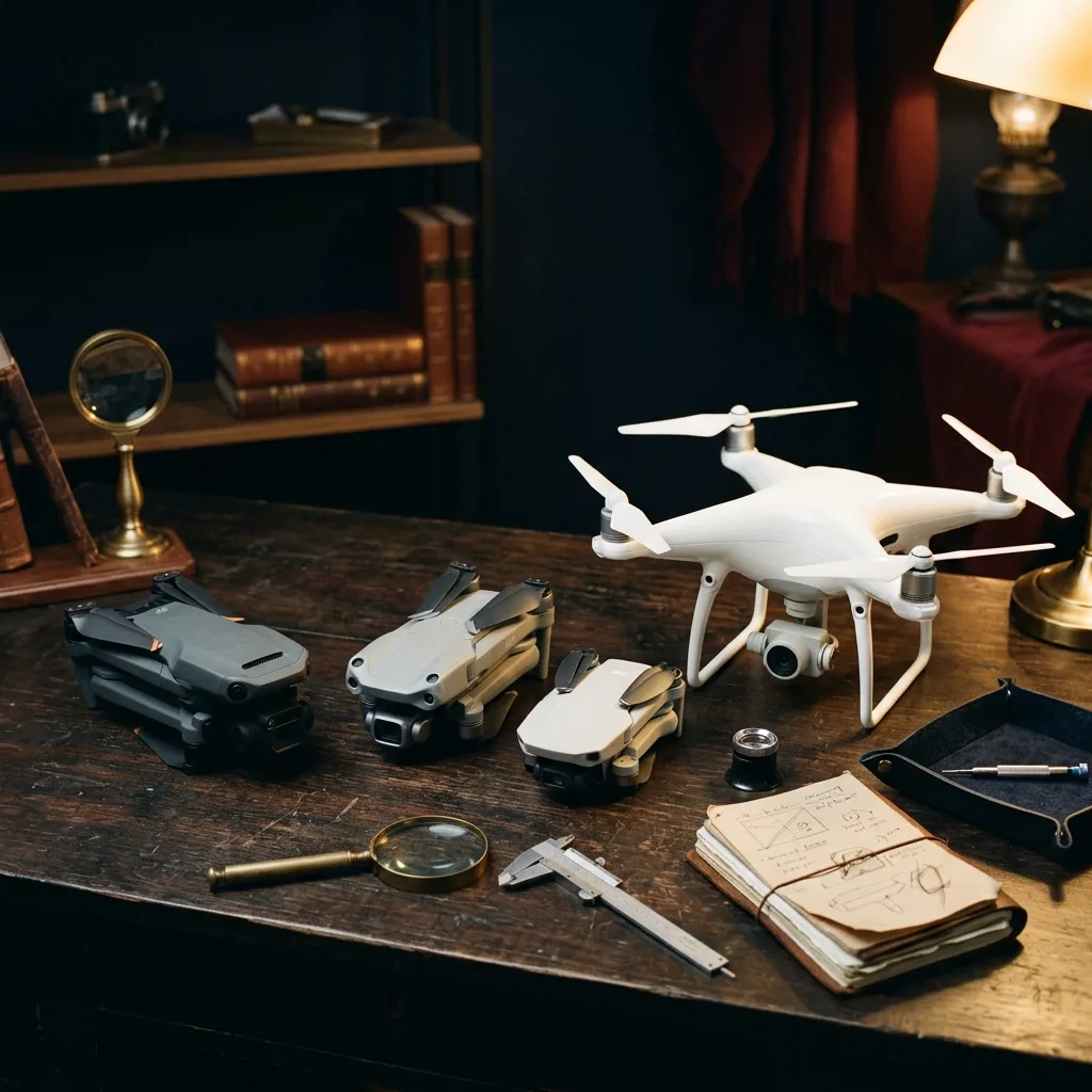 Квадрокоптеры DJI Mavic, Mini, Air и Phantom на столе оценщика