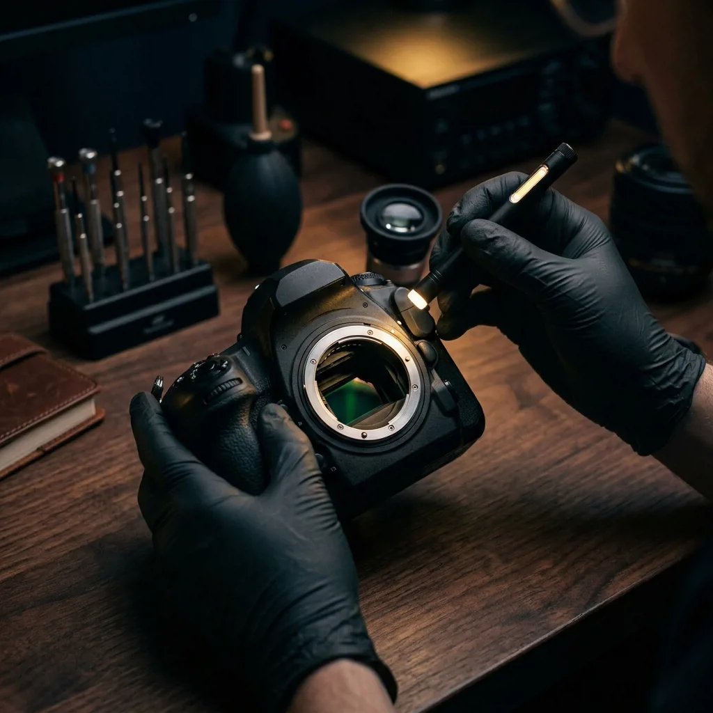 Специалист проверяет фотоаппарат Nikon перед выкупом — диагностика матрицы и затвора