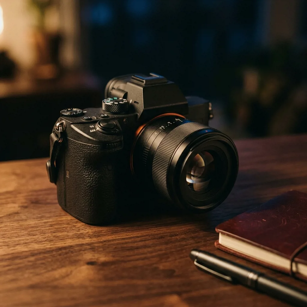 Беззеркальный фотоаппарат Sony с объективом на столе оценщика
