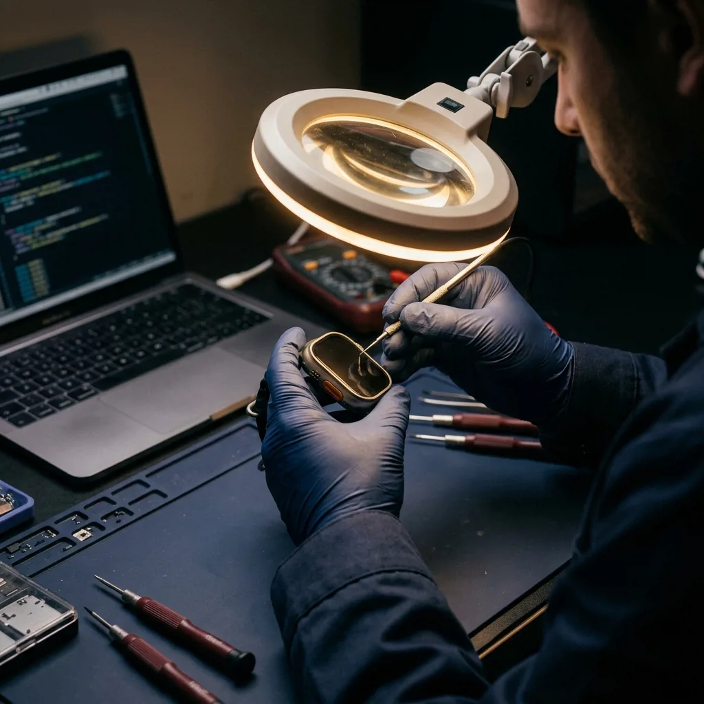 Специалист проверяет Apple Watch Ultra 2 перед продажей