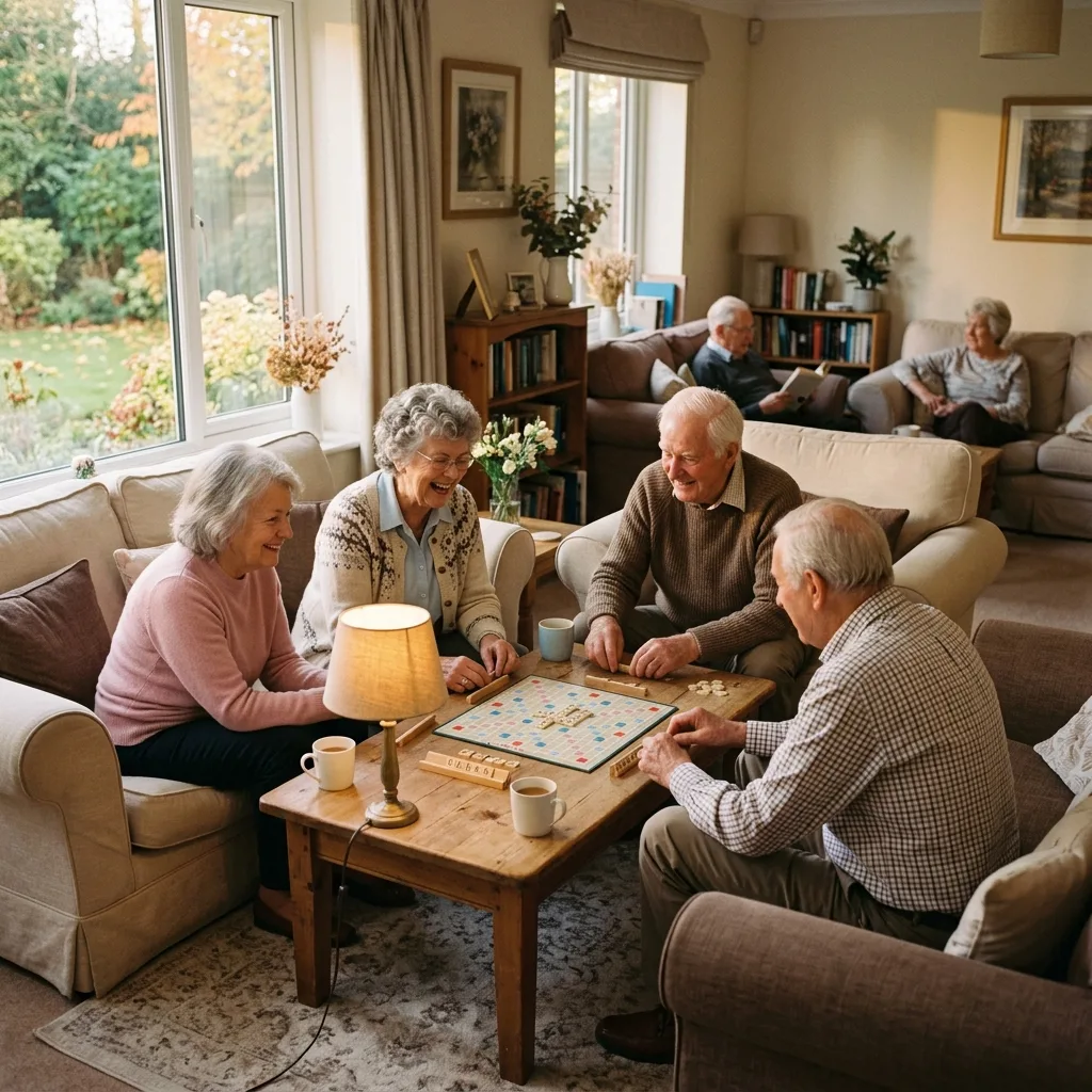 Гостиная с мягкой мебелью, телевизором и пожилыми людьми за настольными играми