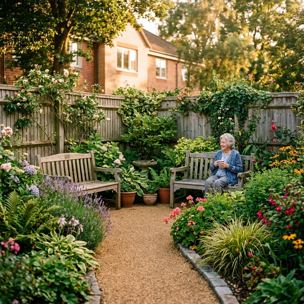 Прогулочная территория пансионата с озеленением и скамейками