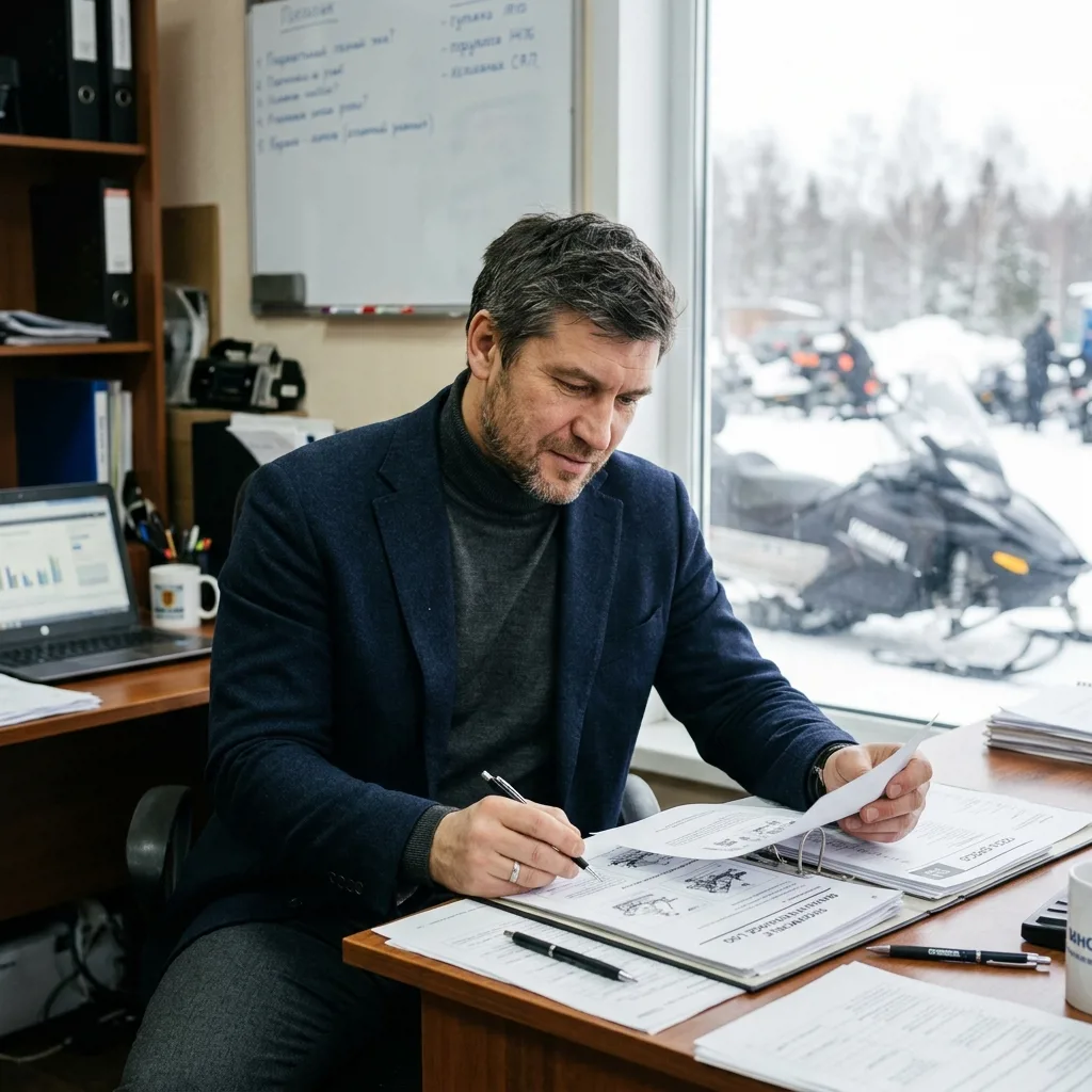 Специалист проверяет документы на снегоход перед снятием с учета