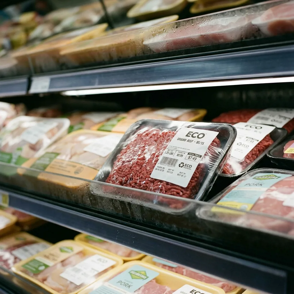 Весовая этикетка ЭКО на упаковке мясной продукции в магазине