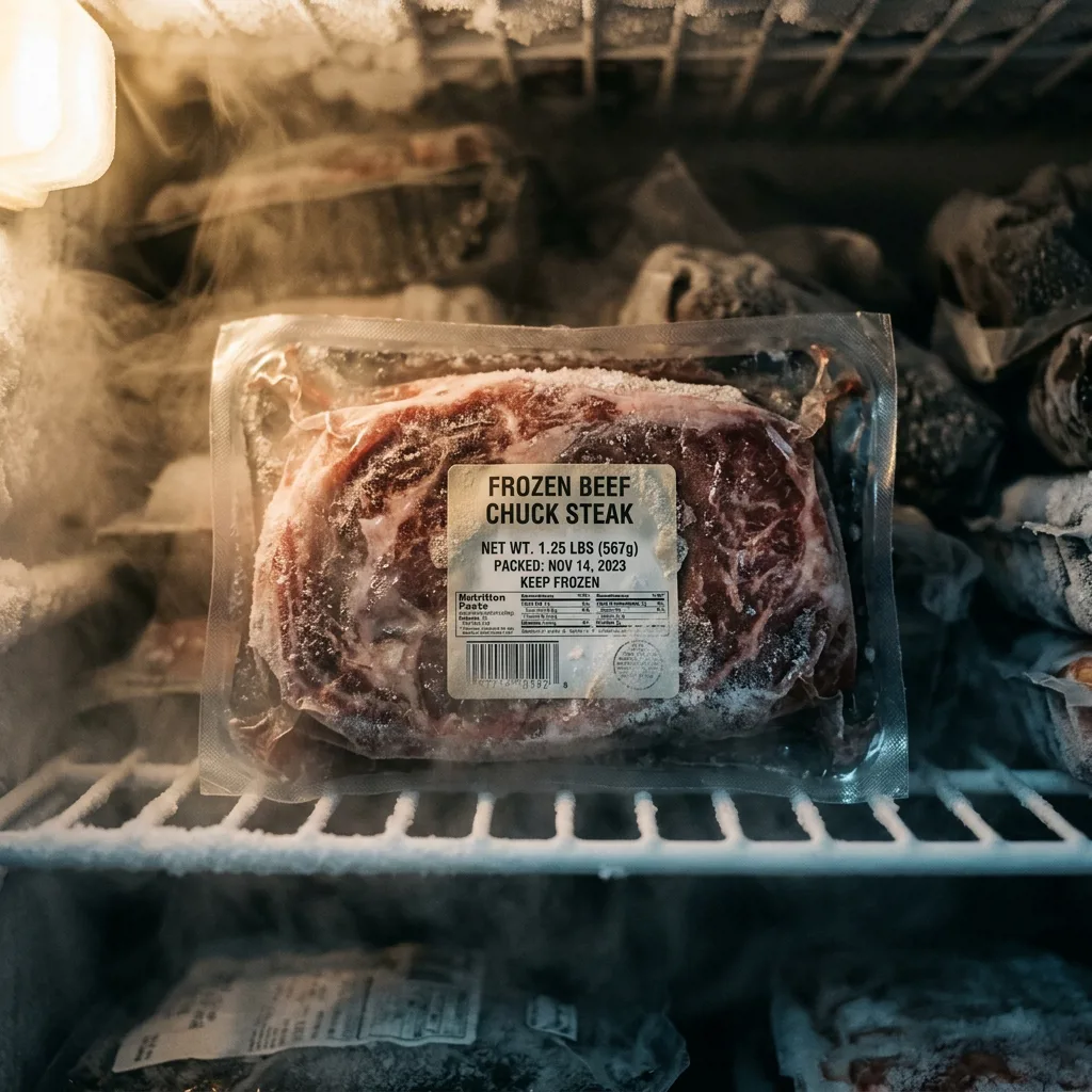 Этикетка на замороженном мясном продукте в морозильной камере