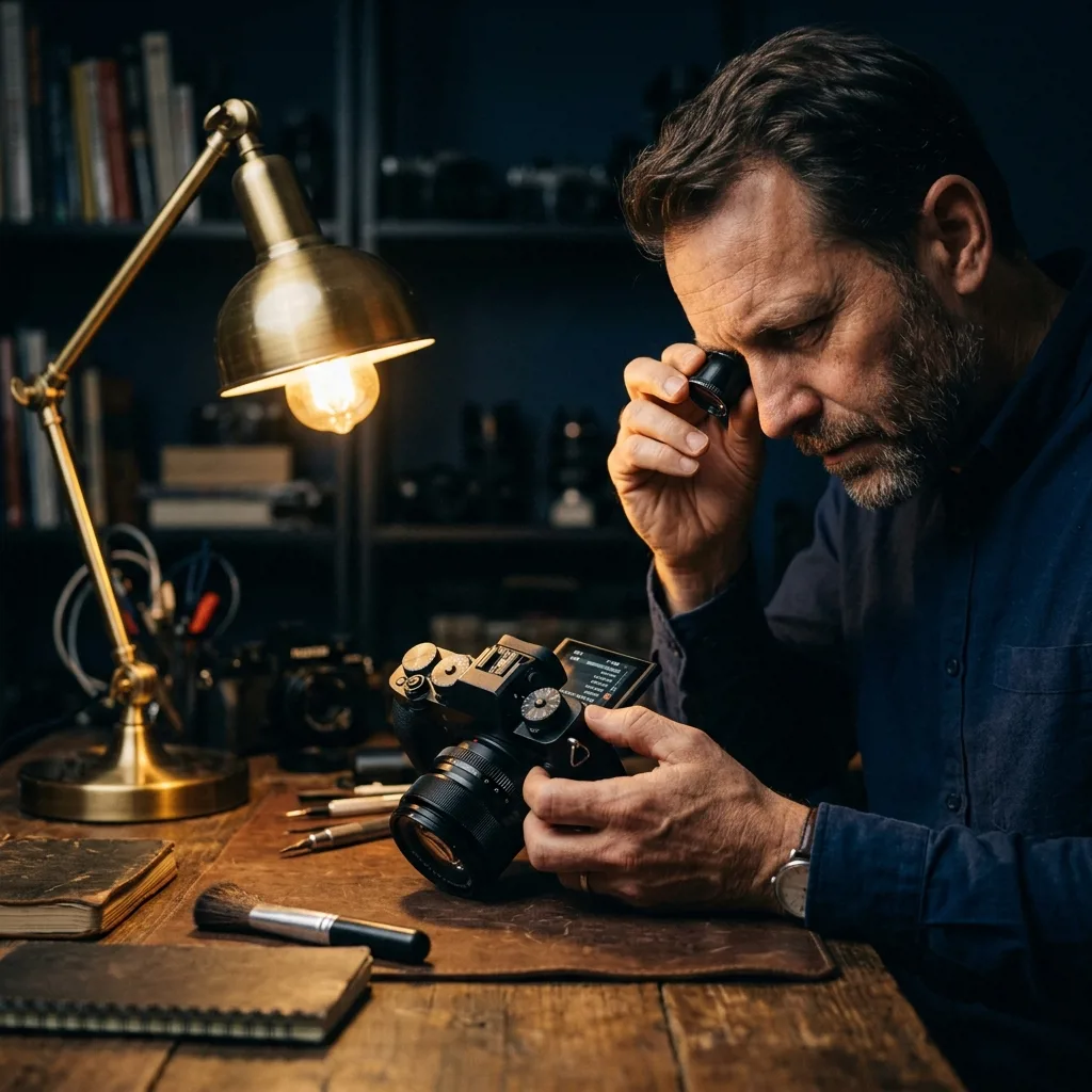 Специалист по оценке проверяет фотоаппарат в офисе