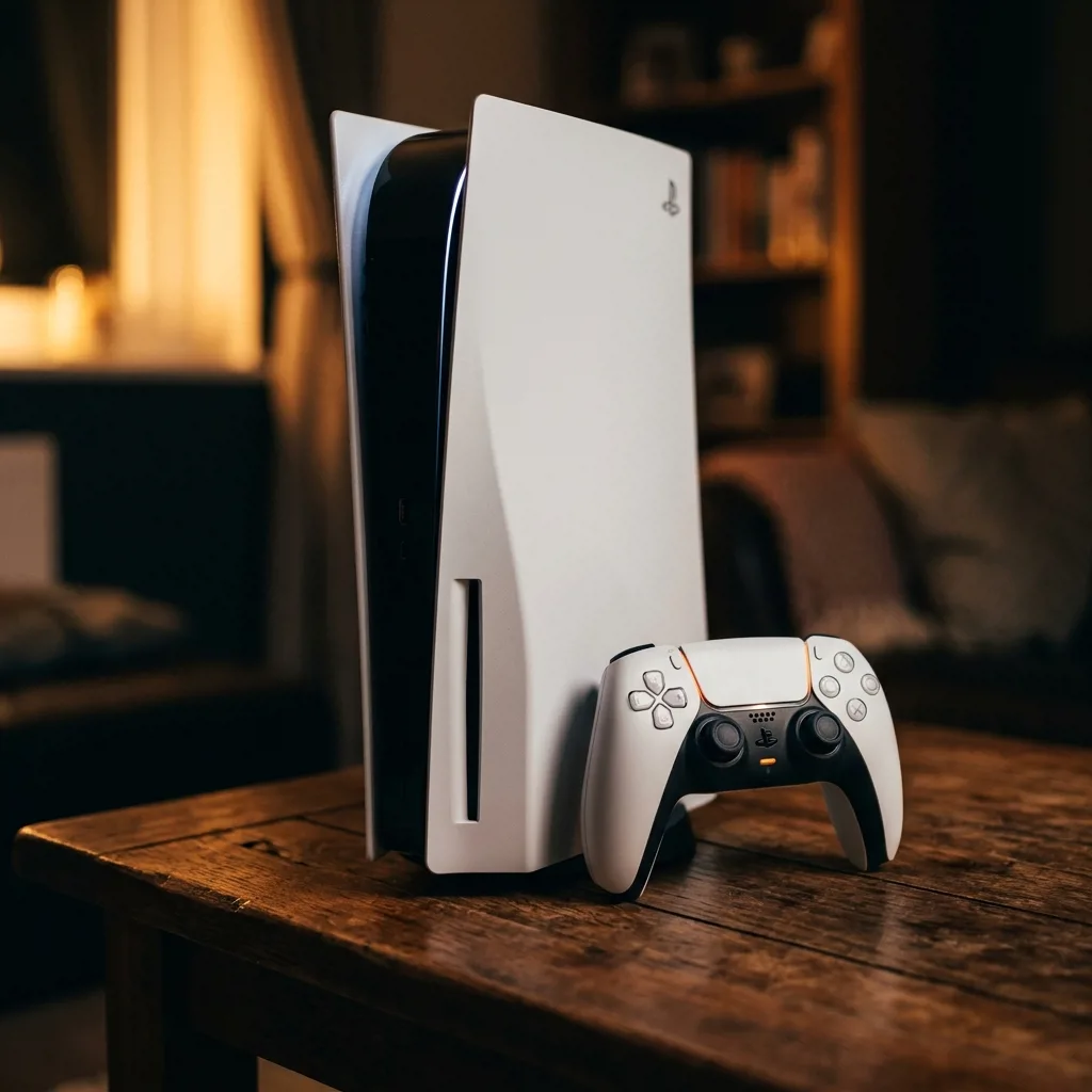 Игровая консоль PlayStation 5 с геймпадом на столе