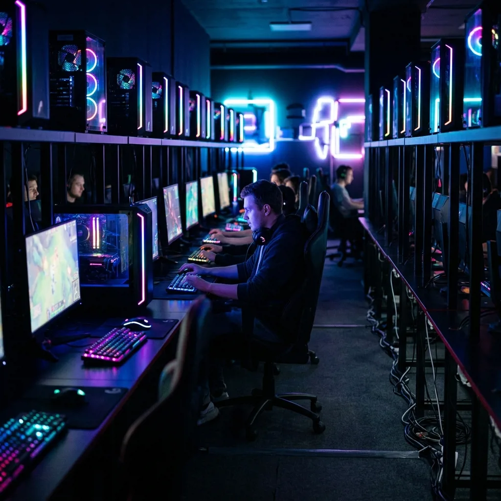 Ночная смена в компьютерном клубе Респавн — тёмный зал с RGB-подсветкой