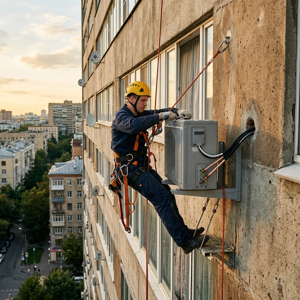 Мастер монтирует наружный блок кондиционера на фасаде здания