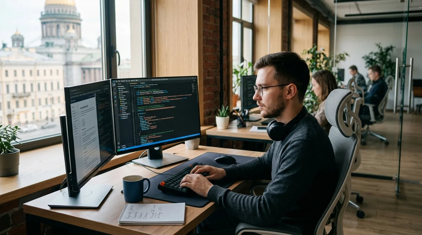 Разработчик пишет код для SEO-оптимизированного сайта в современном офисе Санкт-Петербурга