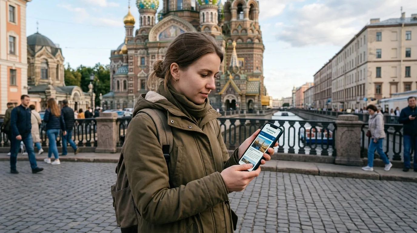 Человек держит смартфон с адаптивным сайтом на экране в городской среде Санкт-Петербурга