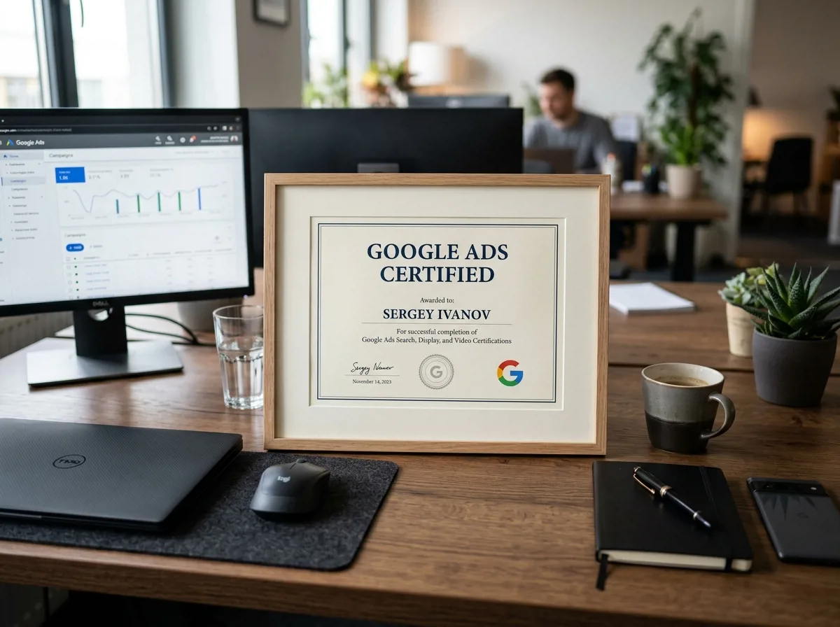 Сертификат Google Ads на рабочем столе специалиста