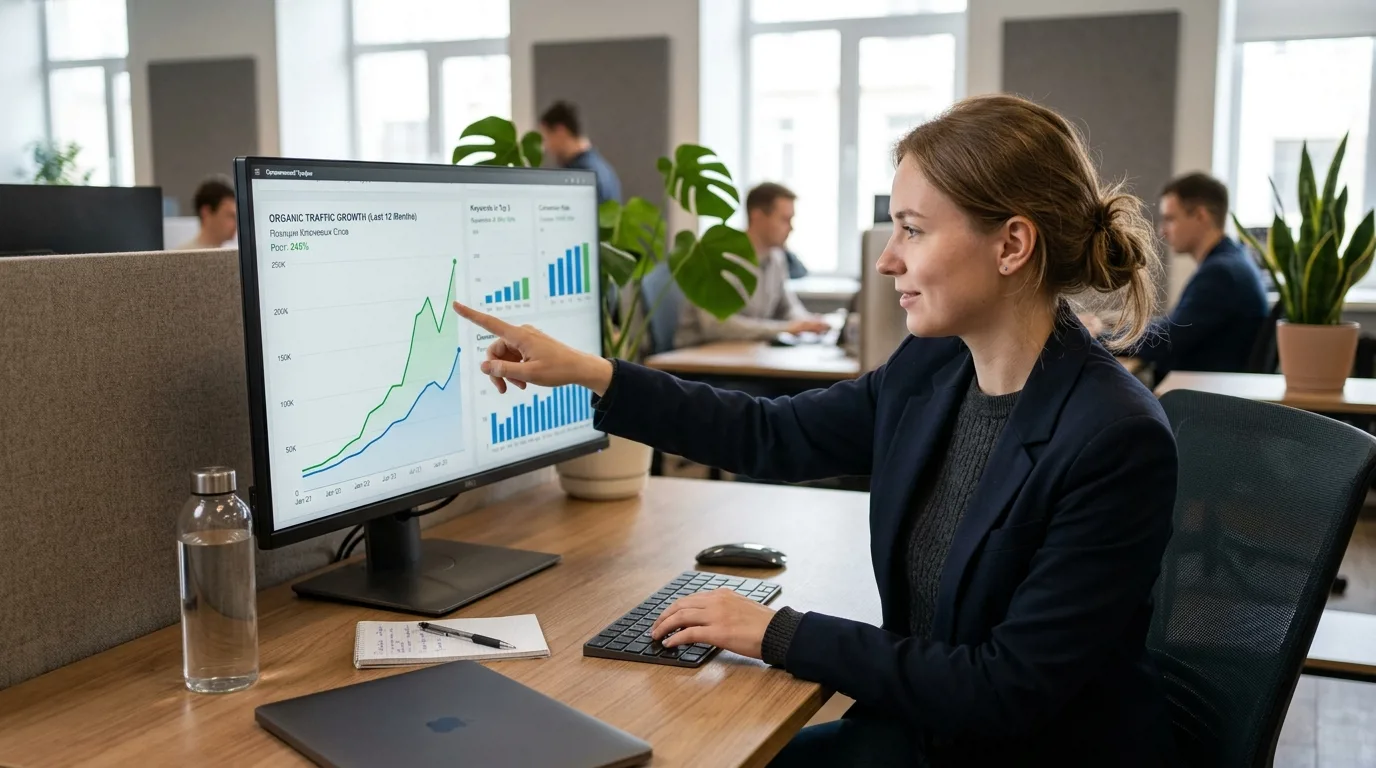 Специалист по SEO-аналитике работает с графиками роста трафика на мониторе