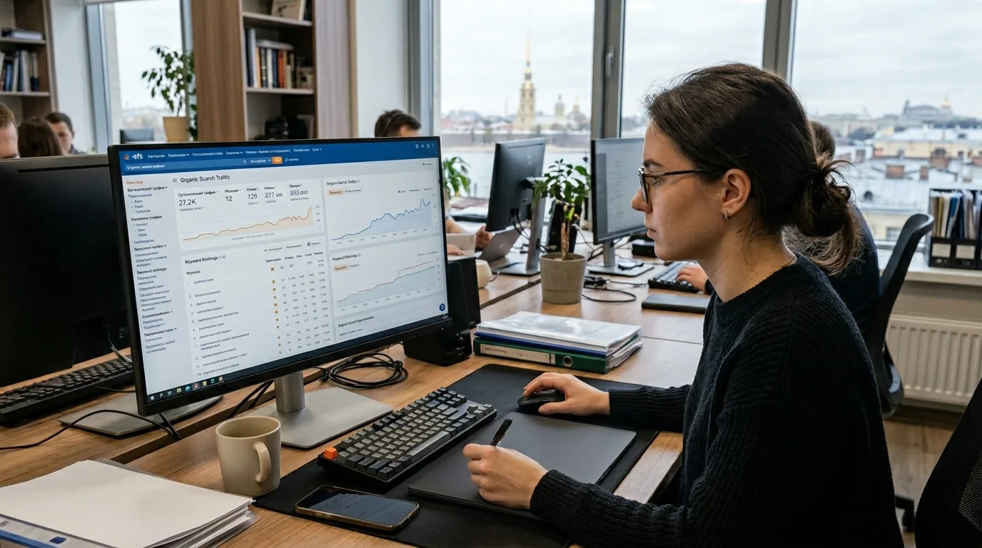 Специалист по SEO анализирует данные на экране монитора в офисе Санкт-Петербурга