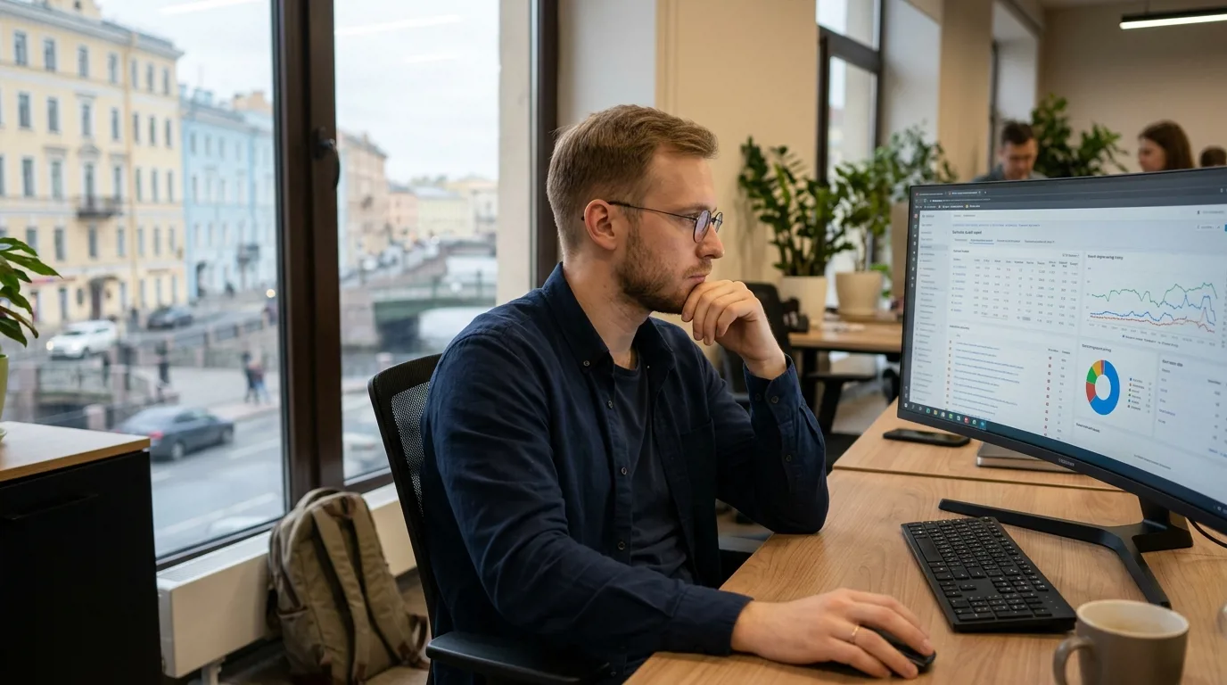 Специалист по SEO-аналитике изучает данные технического аудита на мониторе в офисе Санкт-Петербурга