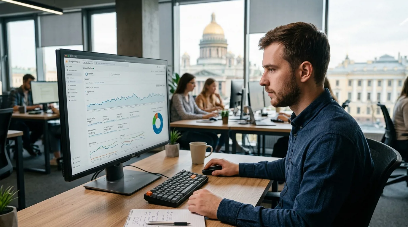 Специалист по SEO-анализу изучает графики посещаемости сайта на мониторе в офисе Санкт-Петербурга