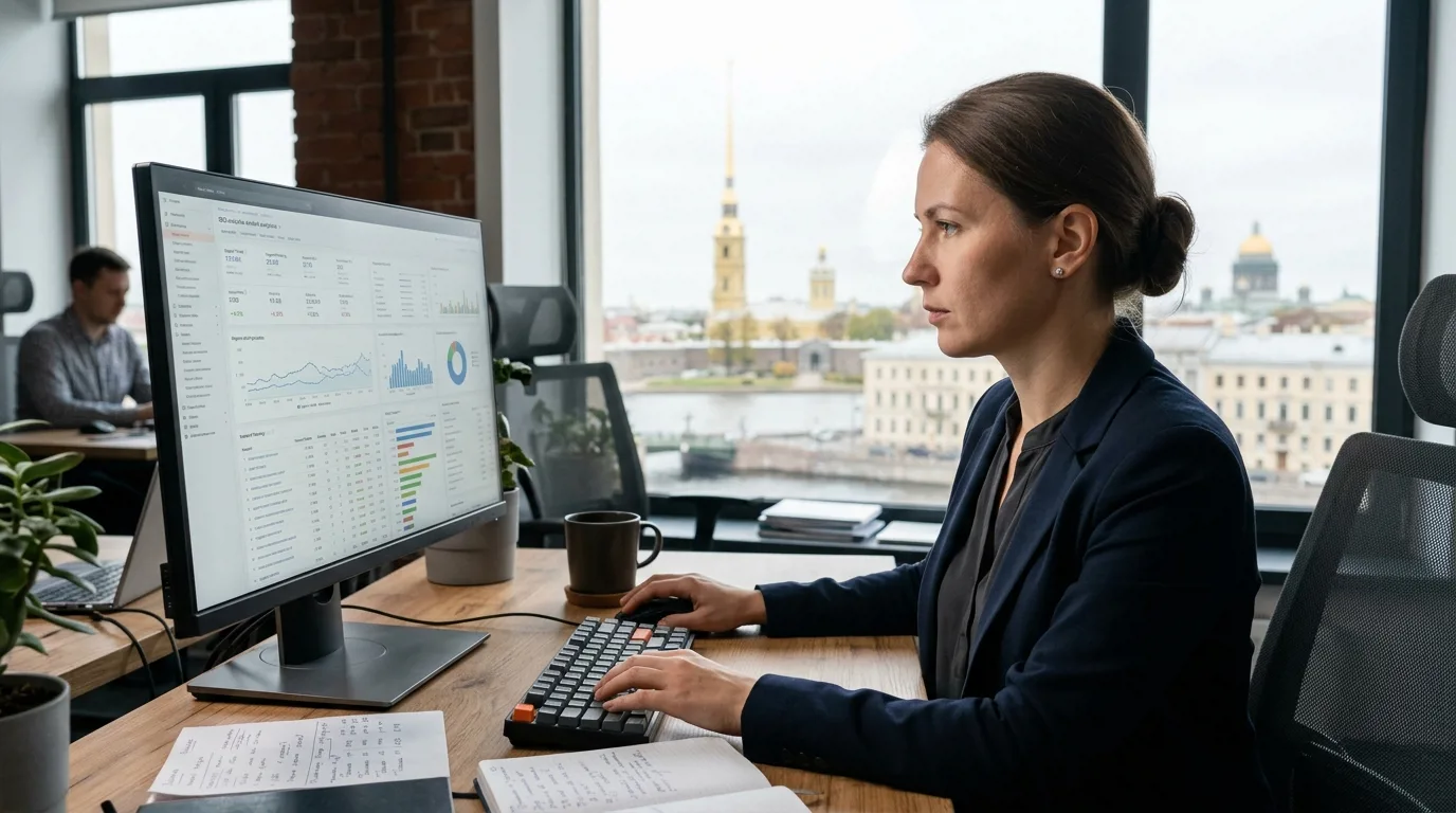 Специалист по SEO-аудиту анализирует данные на мониторе в офисе Санкт-Петербурга