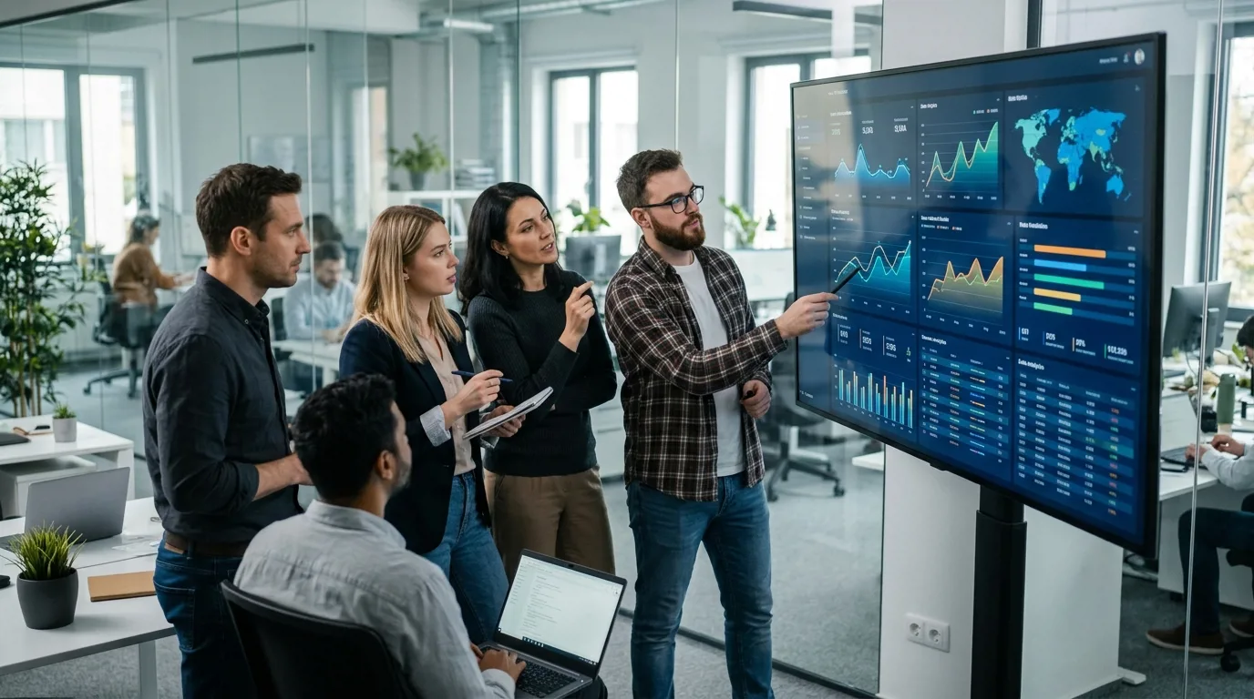 Команда SEO-специалистов анализирует данные на большом экране в офисе