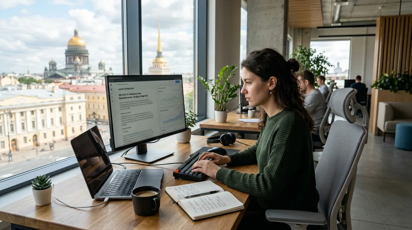 Копирайтер работает над SEO-текстом в современном офисе Санкт-Петербурга