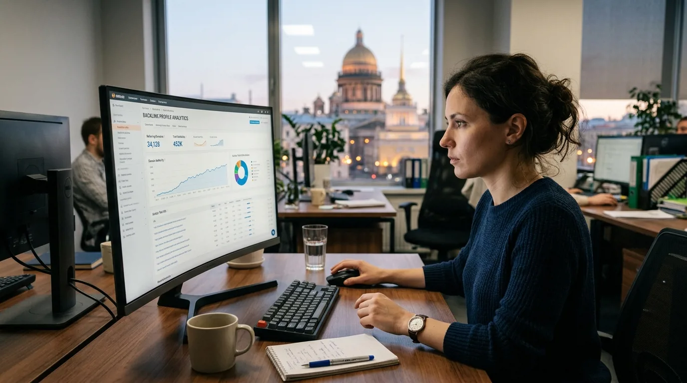 Специалист по SEO-аналитике изучает ссылочный профиль сайта на мониторе в офисе Санкт-Петербурга