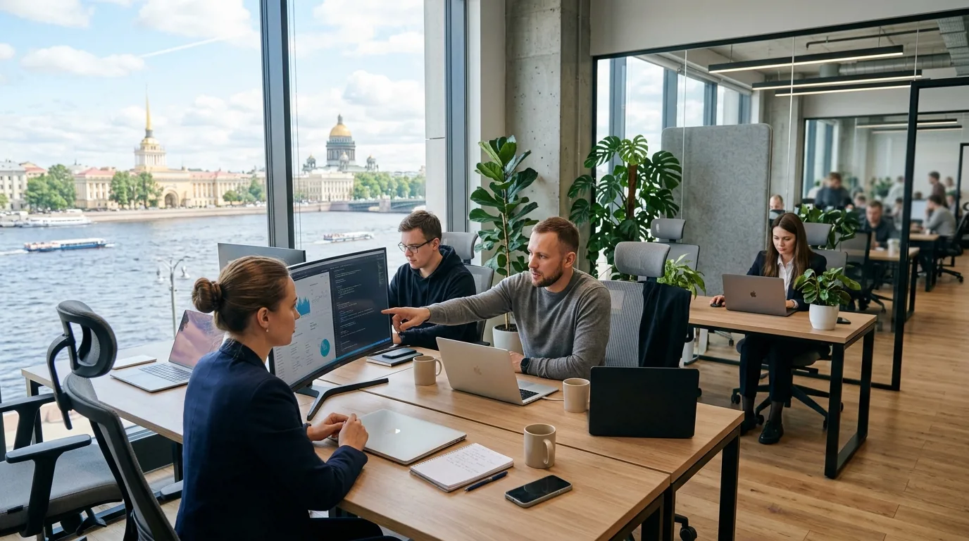 Сертифицированные специалисты digital-агентства за работой в современном офисе Санкт-Петербурга