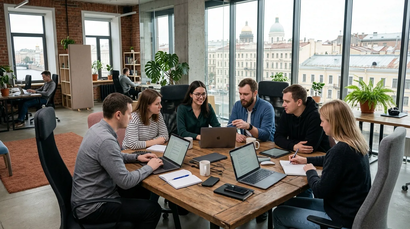 Команда digital-агентства за совместной работой в современном офисе Санкт-Петербурга