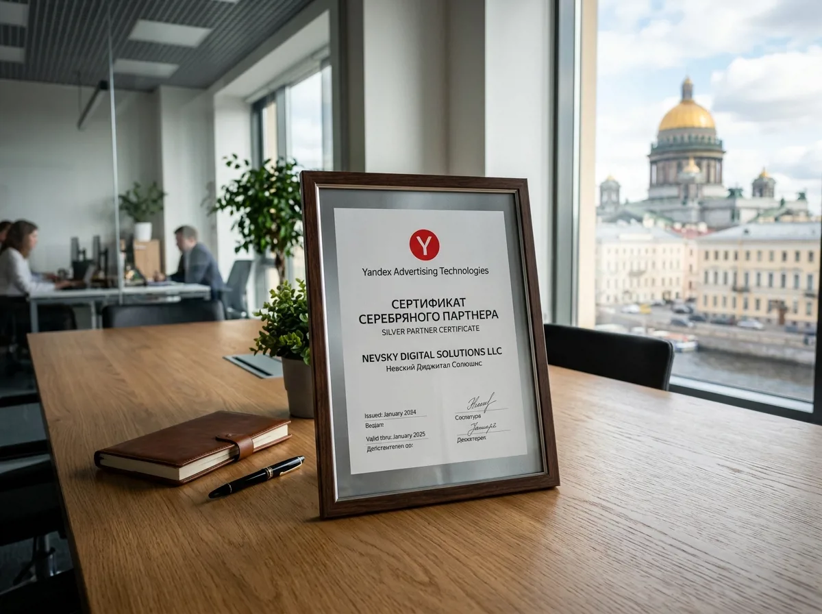Сертификат серебряного партнёра Яндекса на столе в офисе Санкт-Петербурга