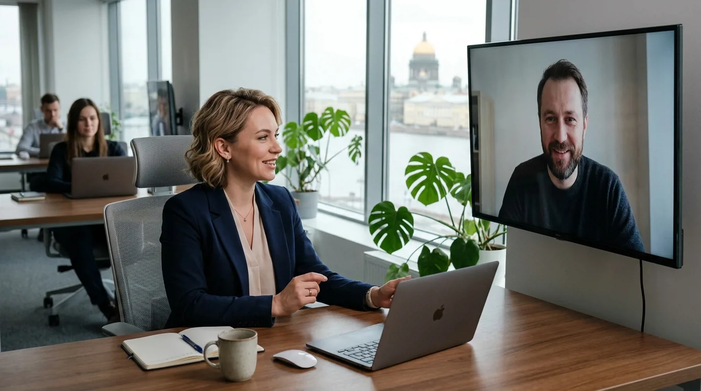 Менеджер агентства общается с клиентом по видеосвязи в современном офисе Санкт-Петербурга