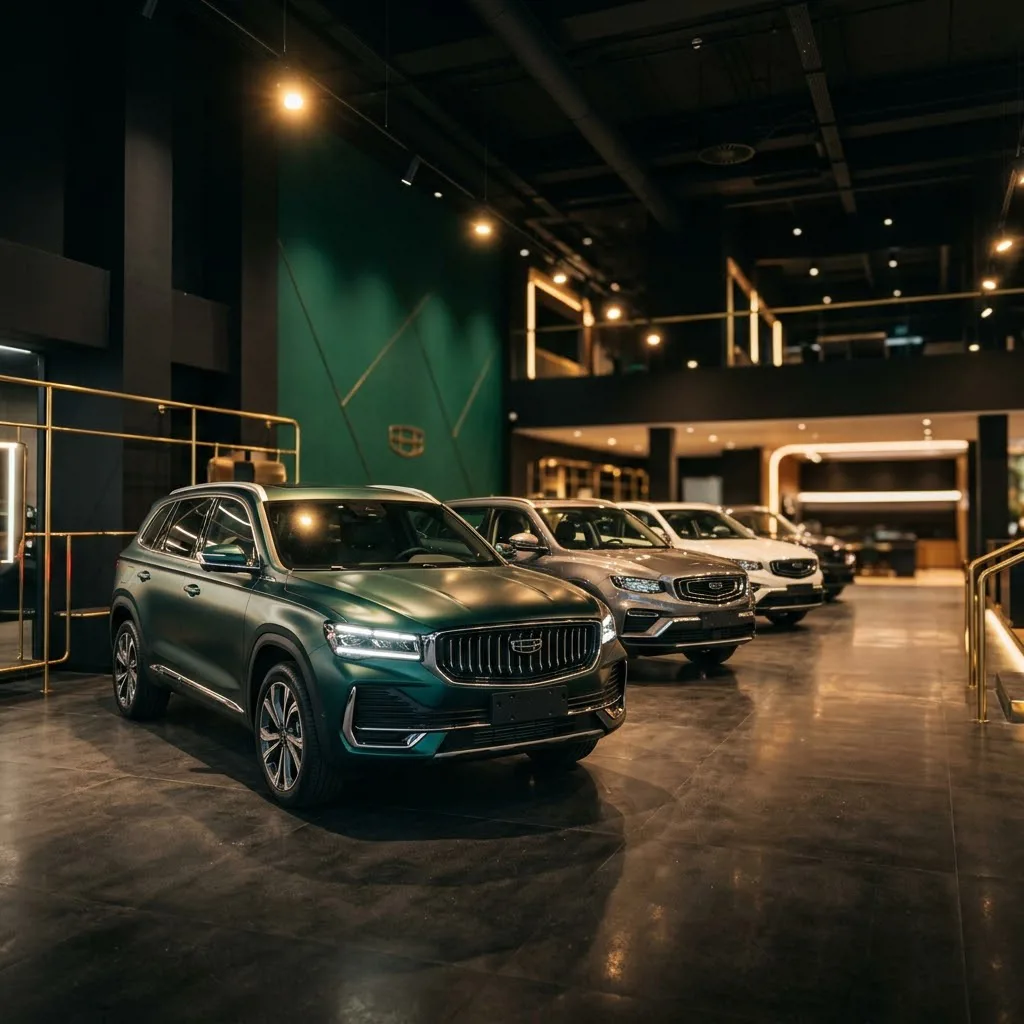 Ряд новых автомобилей Geely в шоу-руме дилерского центра