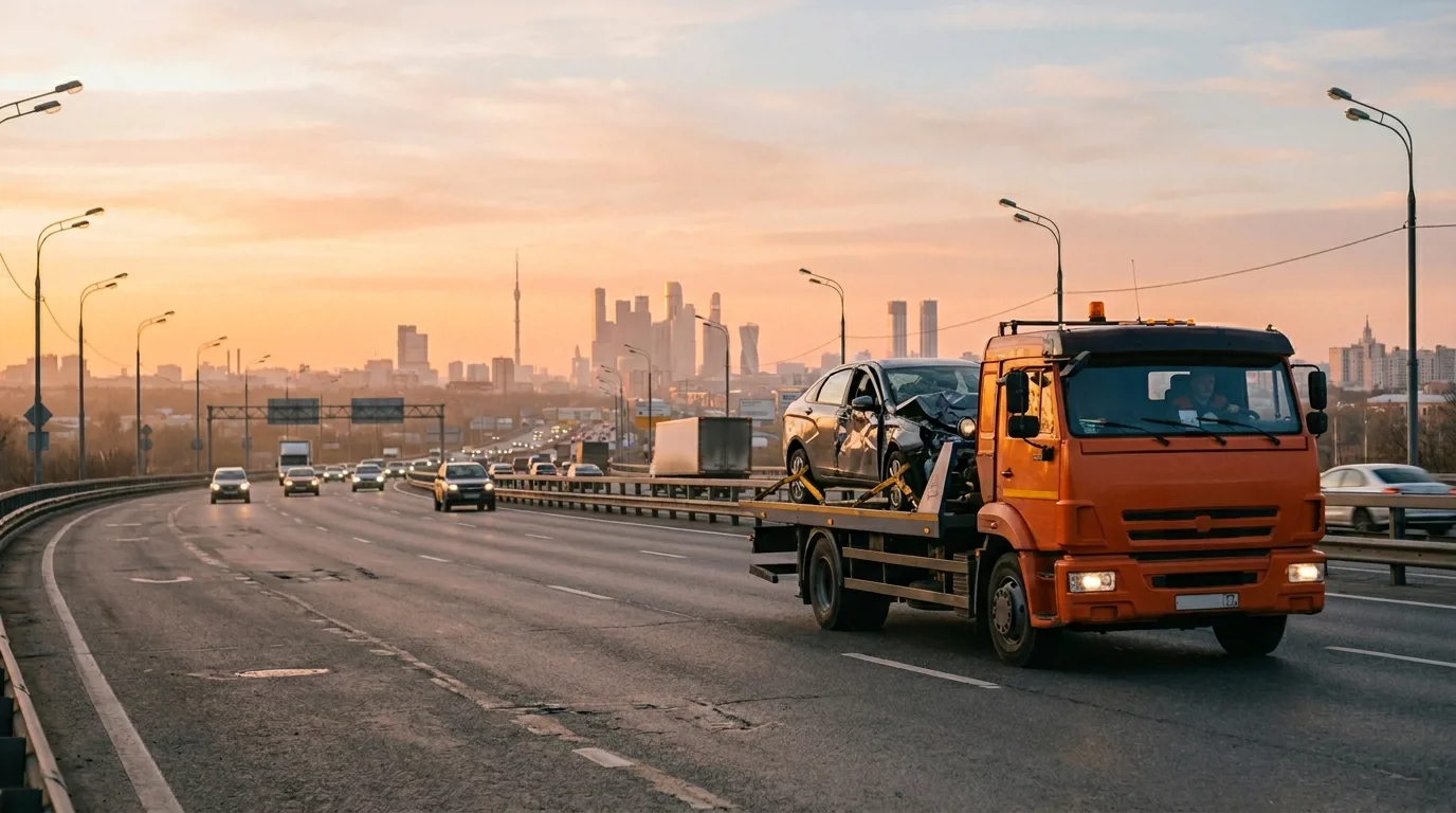 Эвакуатор забирает битый автомобиль в Москве