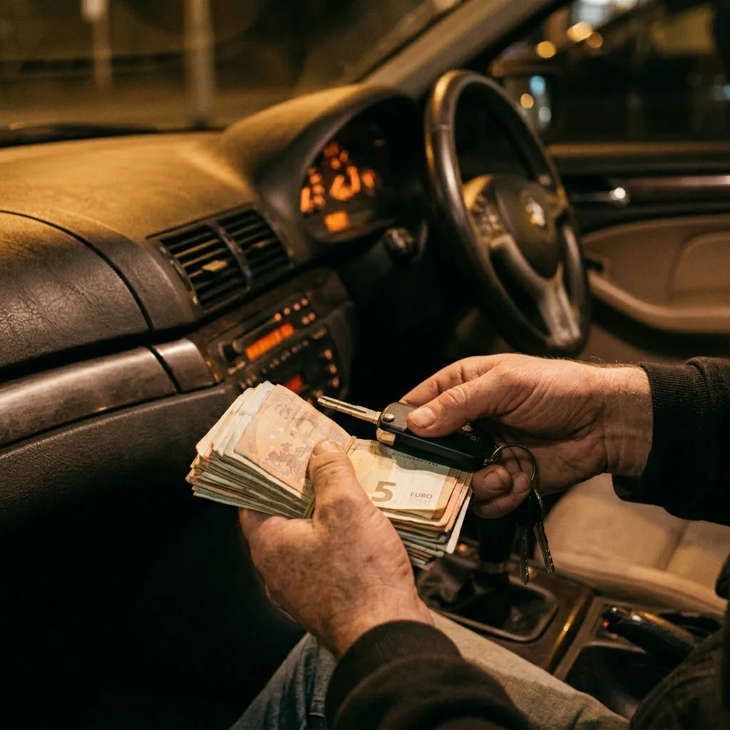 Довольный клиент получает деньги за проданное битое авто