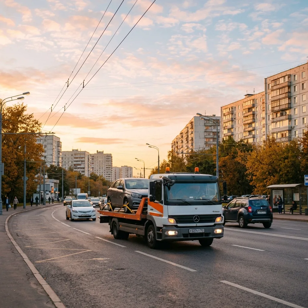 Эвакуатор перевозит повреждённый автомобиль по Московской области