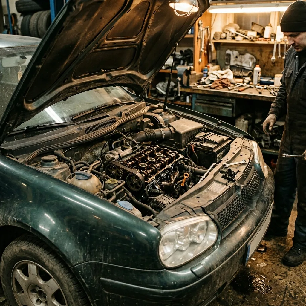 Неисправный автомобиль с открытым капотом при диагностике
