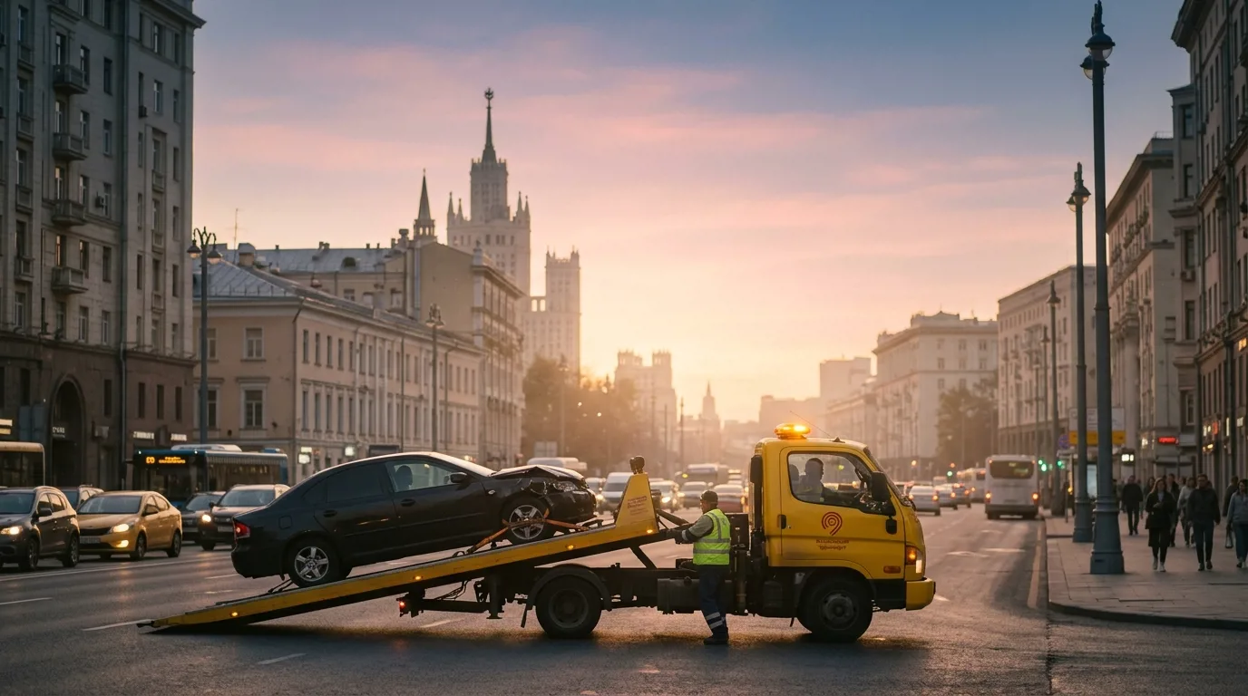 Эвакуатор забирает аварийный автомобиль после ДТП в Москве