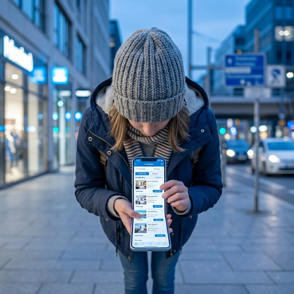 Турист ищет отель в смартфоне через поисковую систему