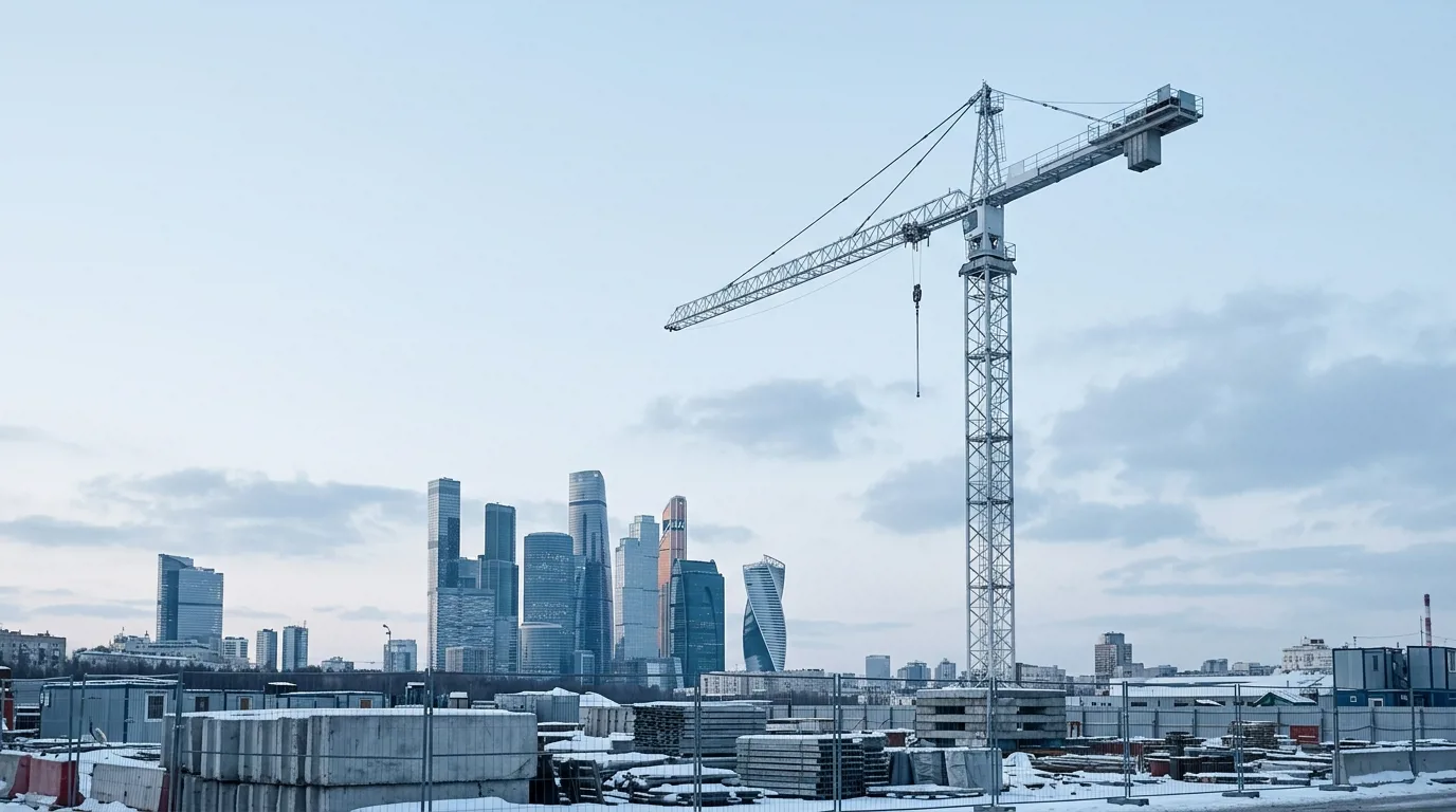 Строительный кран на фоне небоскрёбов Москва-Сити
