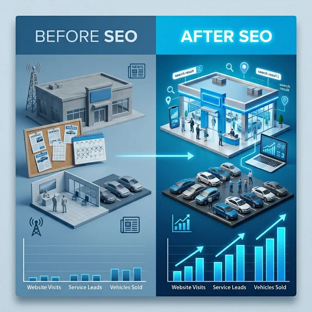 Сравнение показателей до и после SEO для дилерского центра