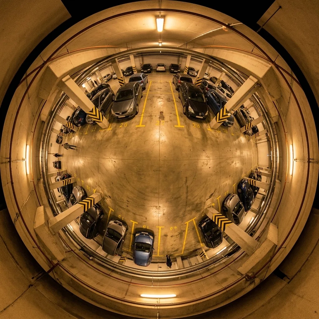 Панорамная fisheye камера на потолке паркинга