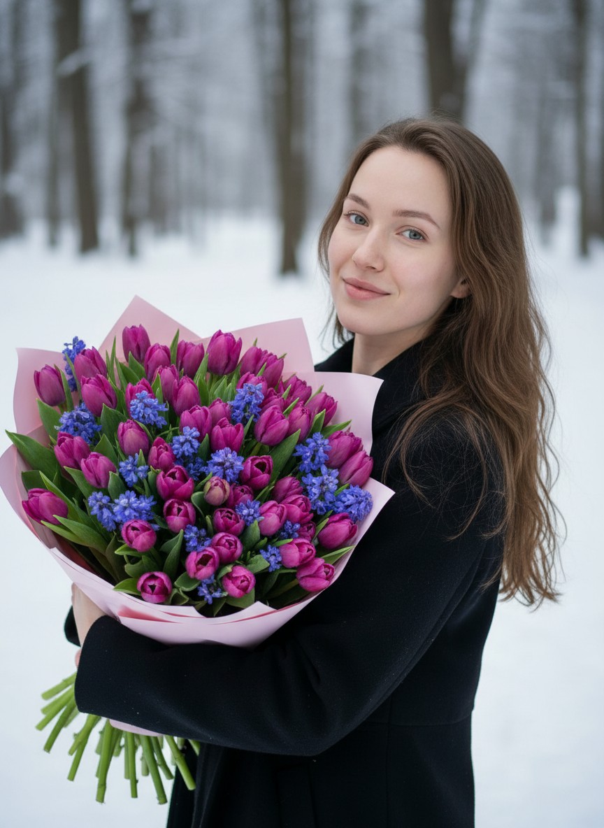 Нежный весенний портрет с тюльпанами через нейросеть