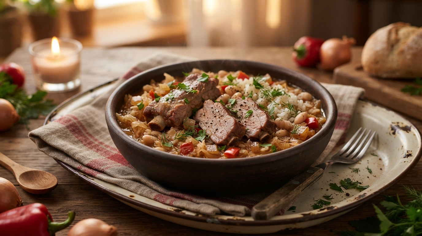 Бигос по-деревенски с рисом и свиными ребрышками